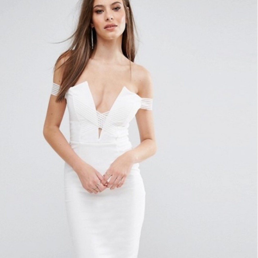 Asos Bardot Cross Strap White Plunge Midi Dress